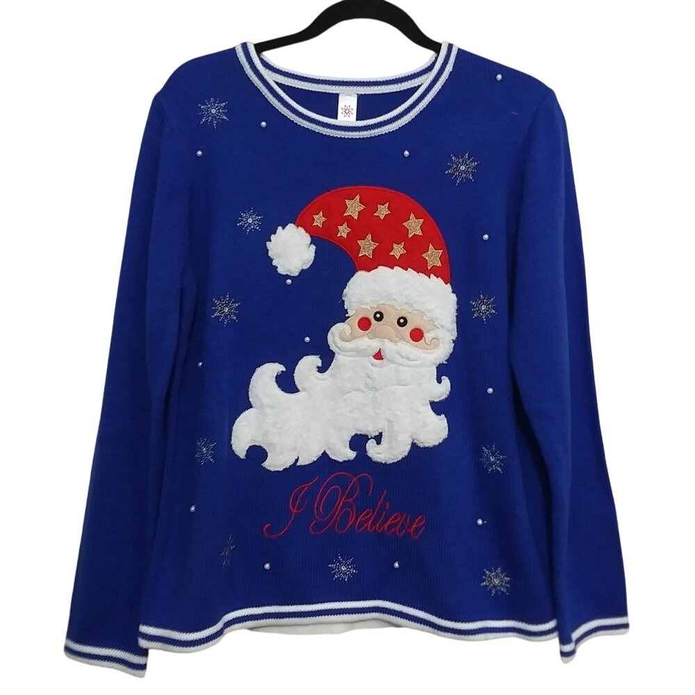Holiday Time Blue Santa I Believe Christmas Sweater Faux Pearl Snowflake‎ Large